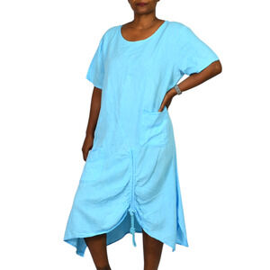 Fenella Linen Dress Blue Crinkled Lagenlook Ruched Asymmetric Pockets One Size